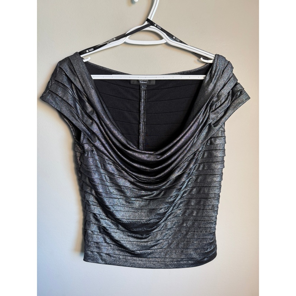 Tadashi Womens Black Silver Metallic Cowl Neck Top L Shimmer Party Glam